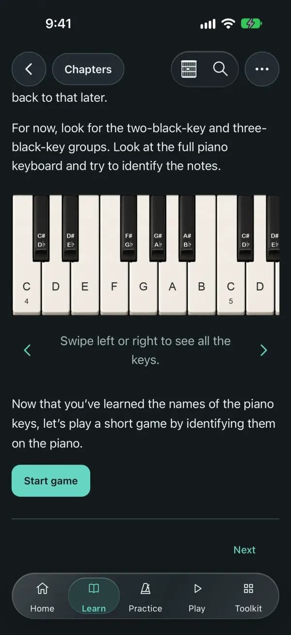 A lesson with a labelled piano keyboard