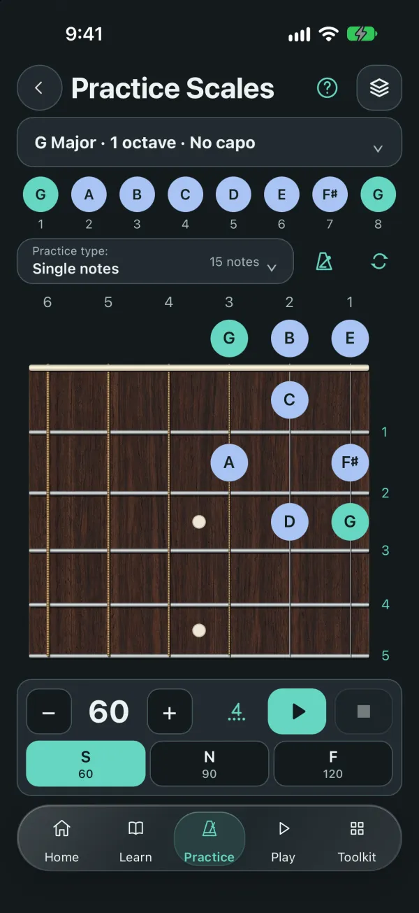 Practice Scales showing G major on the fretboard