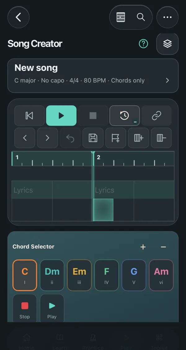 Song Creator with the chord selector