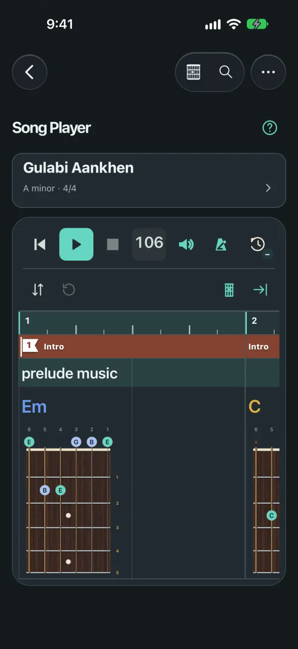 The Song Player with chords on the fretboard